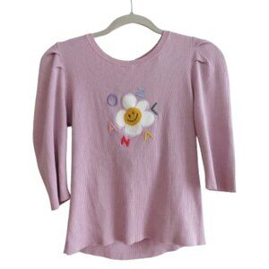 OZLANA Ribbed Puff Sleeve Daisy Embroidered Sweater Top Lilac Pink Size M NWT